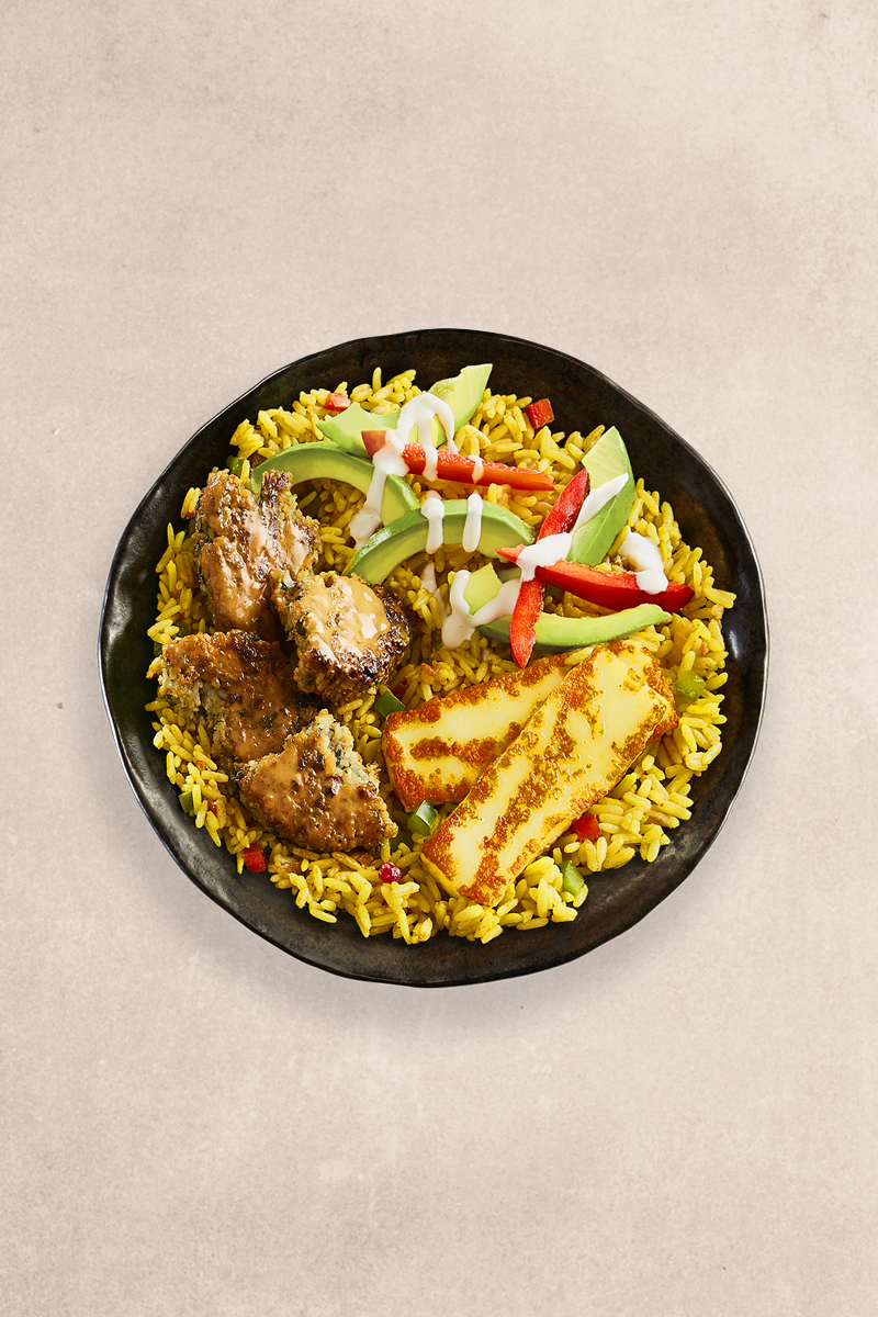 Avo & Halloumi Boujee Bowl with Veg Patty